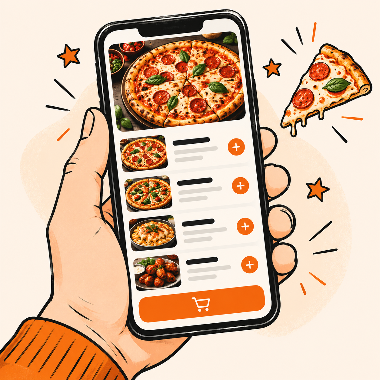 Illustration d'un site internet pour pizzeria avec carte, photos et commande en ligne